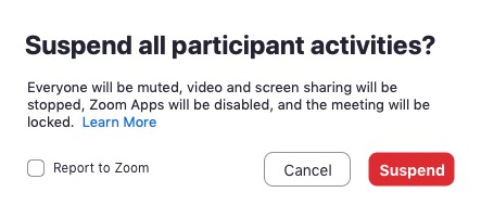 Suspect all participant activities? "Everyone will be muted, video and screen sharing will be stopped, Zoom Apps will be disabled, and the meeting will be locked. Check box unchecked for REport to Zoom. Cancel and Suspend buttons