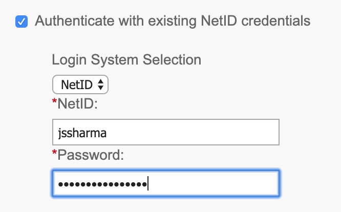 authenticate with existing NetID credentials checked and Netid selected. netid and netid password entered.