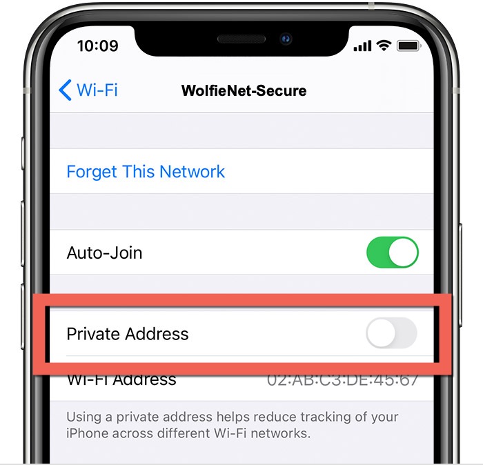 private address off for WolfieNet Secure