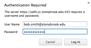 authentication window with bob.smith@stonybrook.edu entereed for user name and password