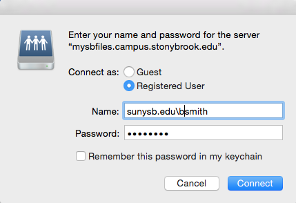 sign in window with Registered selected for Connect as; sunysb.edu\bsmith for Name; and a password for pasword