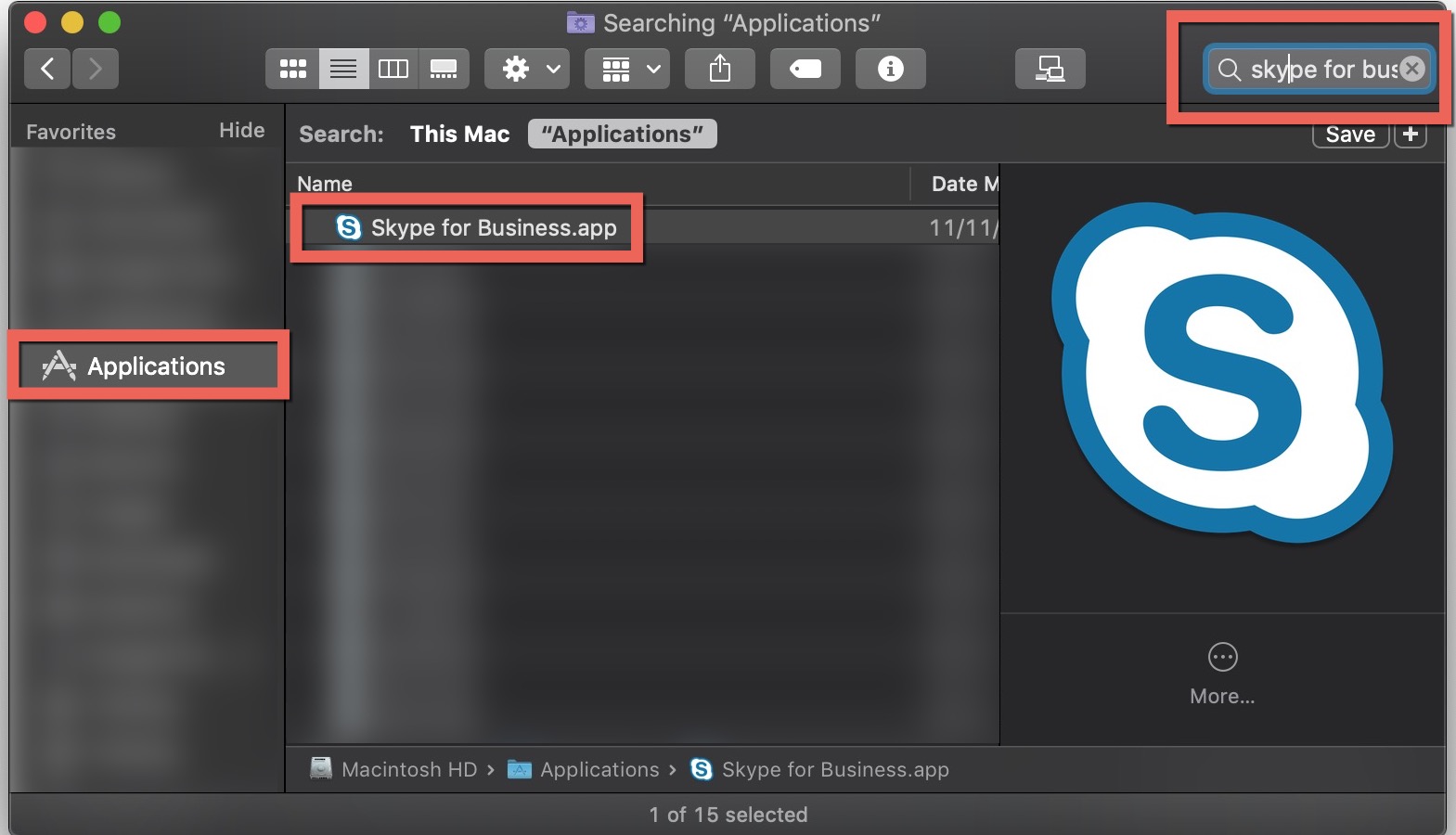 search for Skype for business in applications in finder on mac