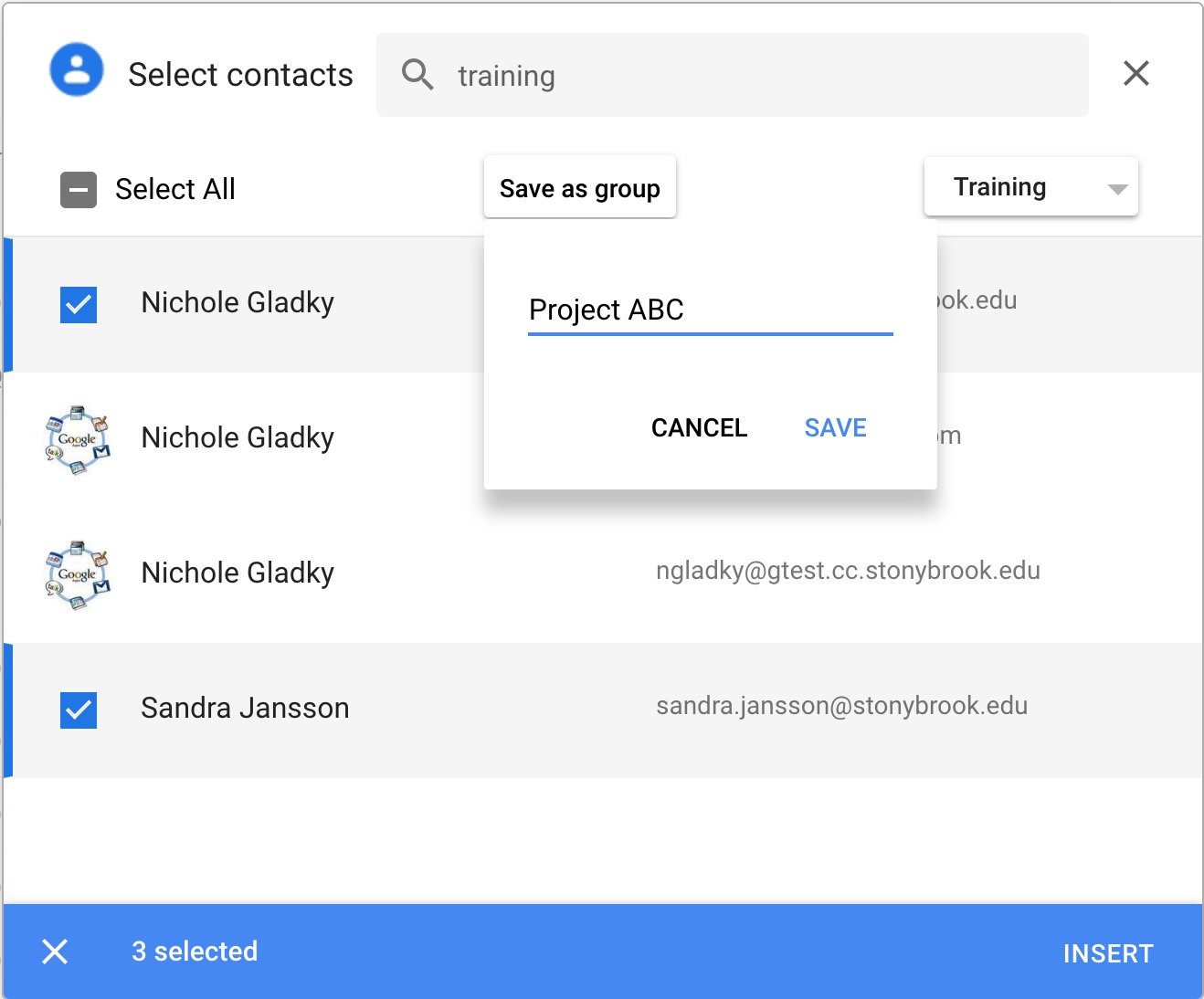 contact picker with contacts selected and new group Project ABC being created