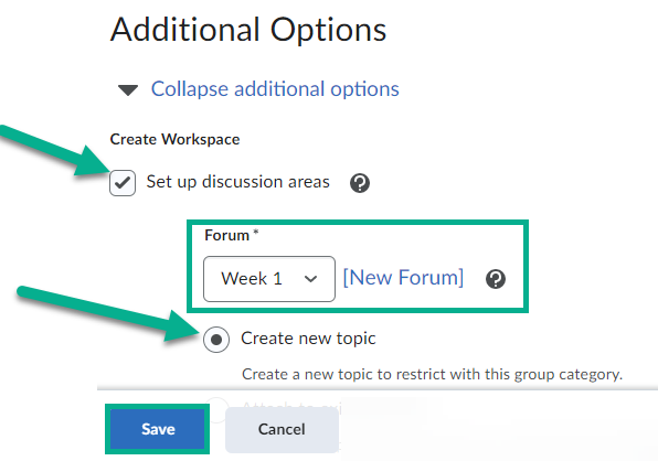 Image of the additional options section, this has the set up discussion area option enabled, as well as a forum selected, and the create new topic area selected.