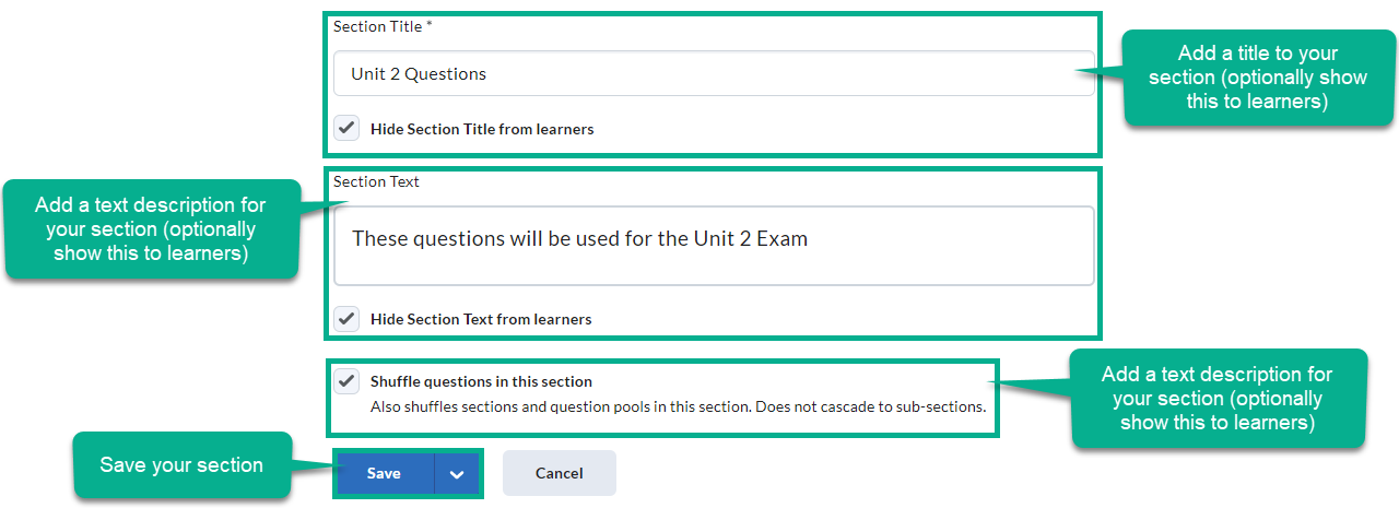 Image of the section options to title your section, add a description of it, show the title and description to learners, and save the section