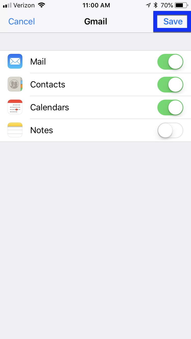 mail calendar contacts on with save button highlighted