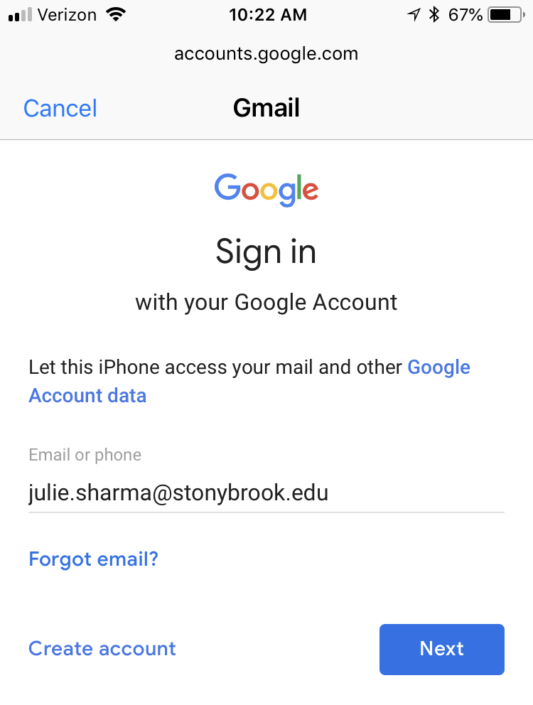 add google account sign in with julie.sharma@stonybrook.edu for email address