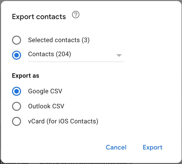 export contacts with contacts and google csv selected