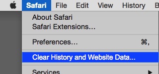 Safari menu with Clear History and Website Data ... selected