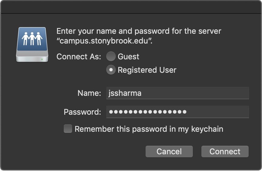 logging in with name (NetID) and password (netID password) for connecting to server to access shared department folder on mac