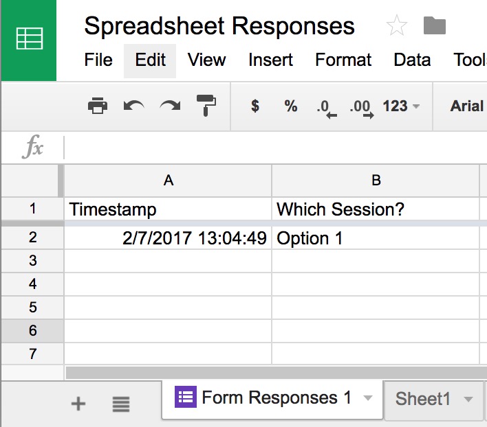 Form responses sheet at the bottom of a google sheet
