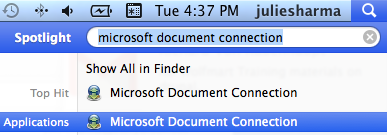 searching for and showing microsoft document connection in spotlight