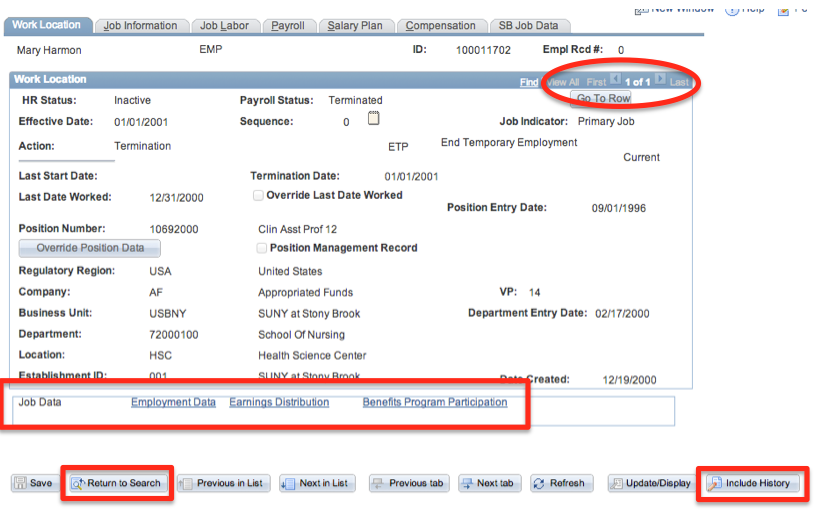 image of work location tab showing first and last arrow options,Employment Data, Earnings Distribution, Benefits Program Participation, return to search, and include history highlighted 