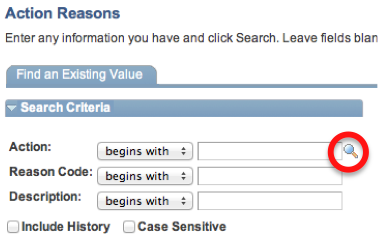Action Reasons section in Peoplesoft showing the magnifying glass icon for Action