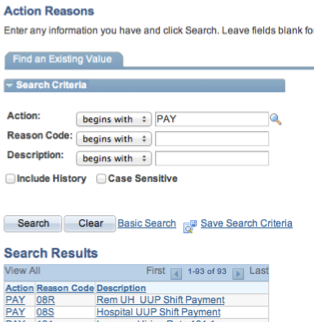 Action Reasons section in PeopleSoft showing search results for the action PAY with reason codes and descriptions