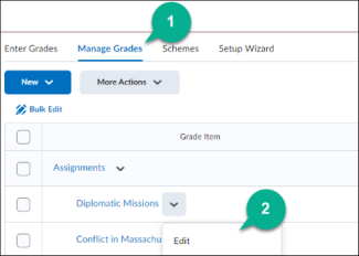 Image of the manage grades tab and a grade item highlighted to be edited