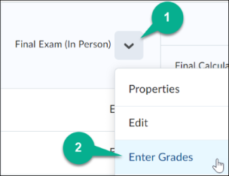 Image of the final exam grade item selected with the option enter grades highlighted