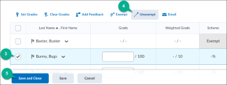 Image of a student being selected in the evaluation area, then it shows the unexempt button unselected, and the save and close button highlighted
