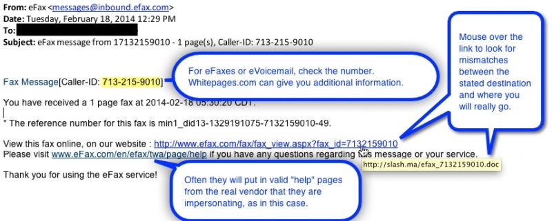 Screenshot of eFax e-mail and important attributes to review.