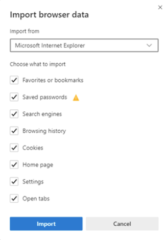 Import browser data from internet explorer. Select all options. 