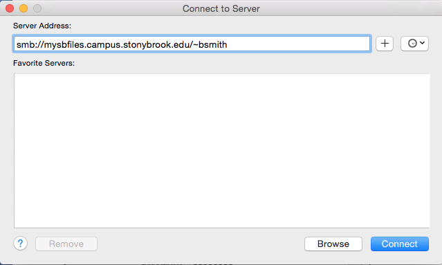 Connect to server with smb://mysbfiles.campus.stonybrook.edu/~bsmith in the server address field