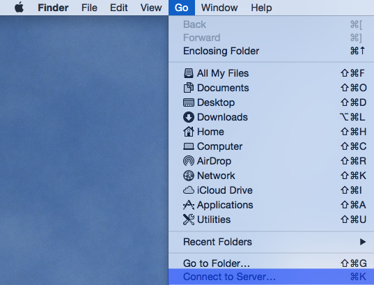 Finder showing Go selected and Connect to Server