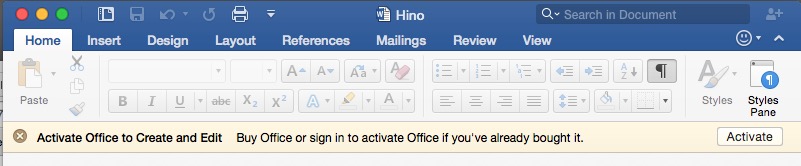 Banner on Microsoft Word indicating to Activate Office to create and edit