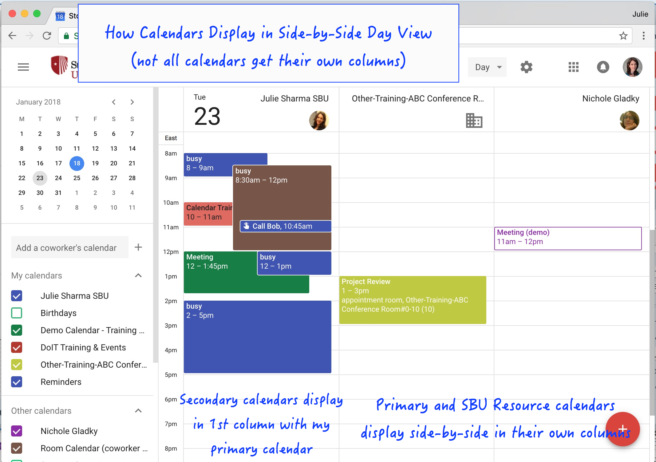 Julie Sharma's primary calendar (julie.sharma@stonybrook.edu) displays in the first column with a coworker created room calendar and team calendars (coworker created); an SBU resource calendar and Nichole Gladky's calendars display separately in their own columns