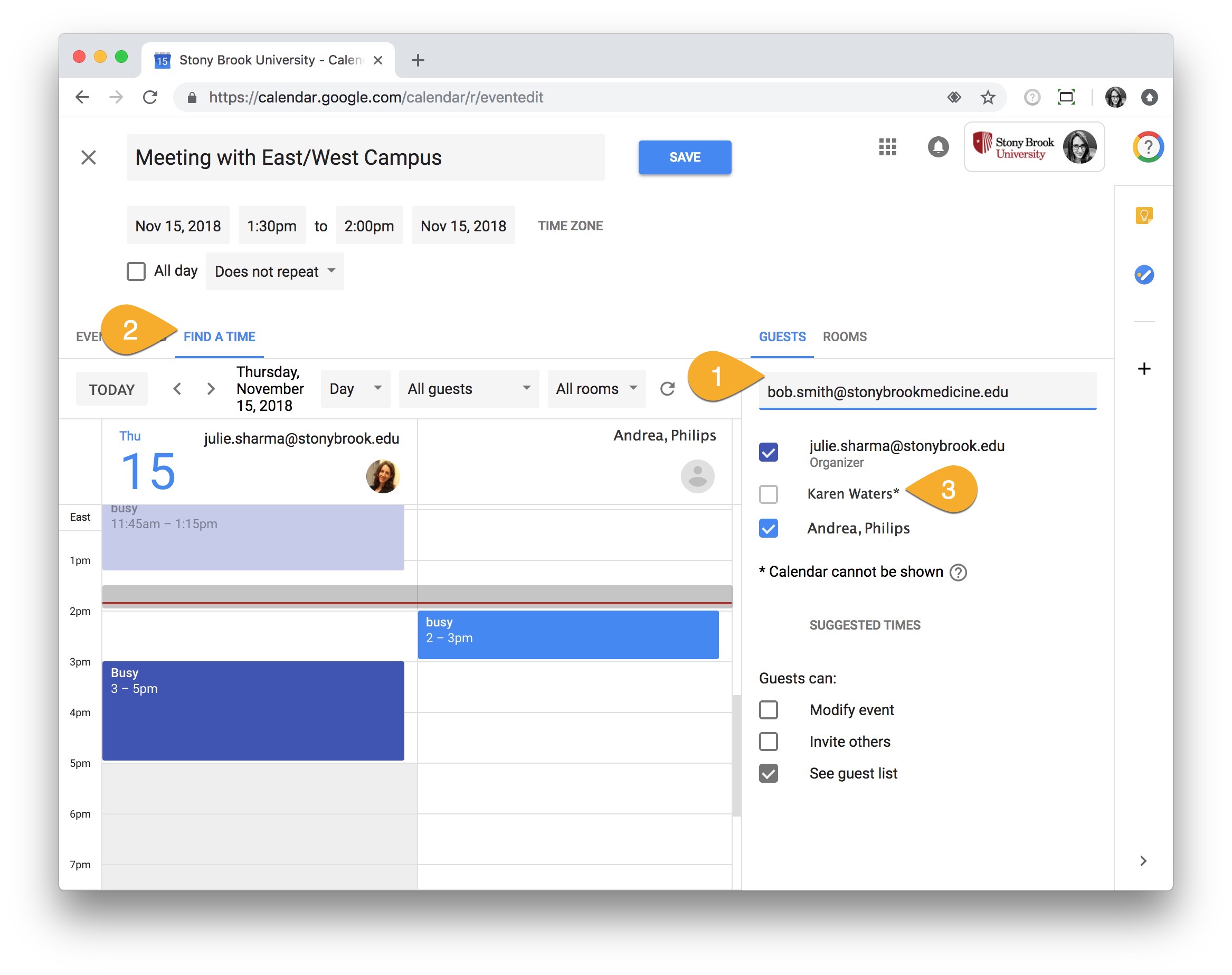 view guests' free/busy time google calendar Find a Time