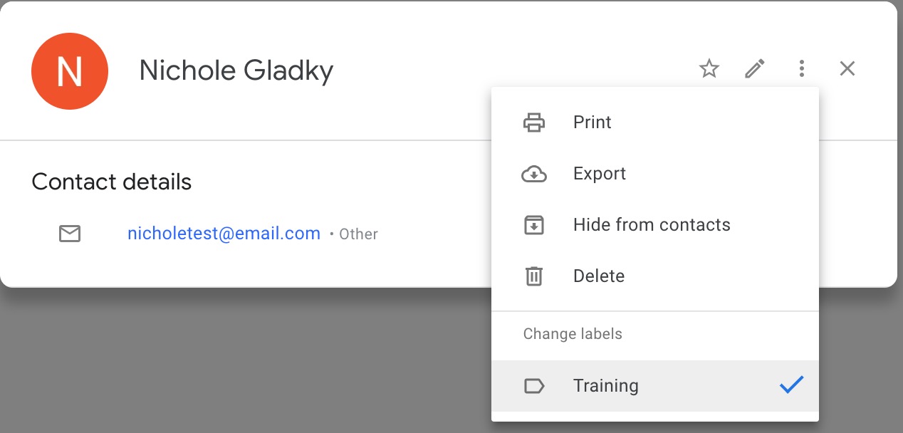nichole gladky contact with ... button menu and choose label > Training selected