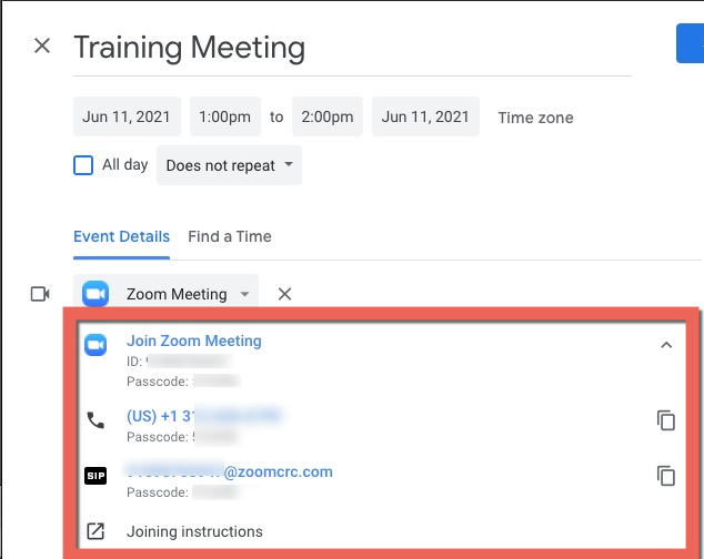 zoom meeting info shows up in calendar