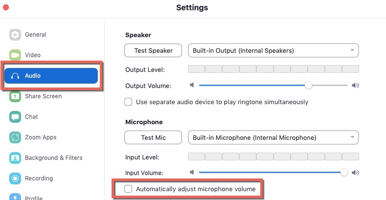 audio > unchecking automatically adjust microphone volume