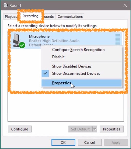 windows sound options recording tab with properties