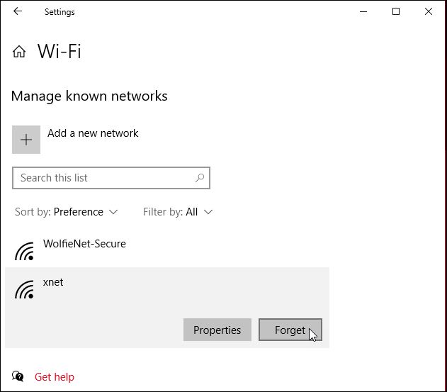  window settings for wifi with forget selected by the mouse pointer