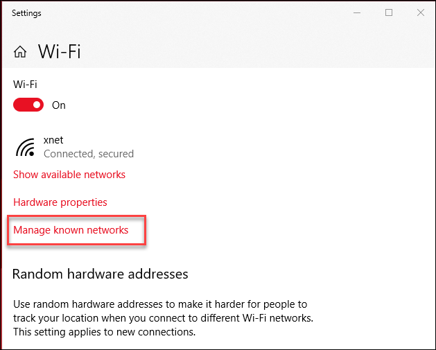  Window showing the Wi-Fi settings and Manage known networks higlighted