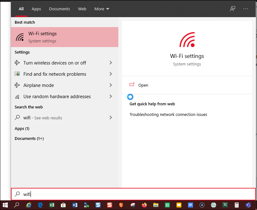 widnow showing the search with the word wifi