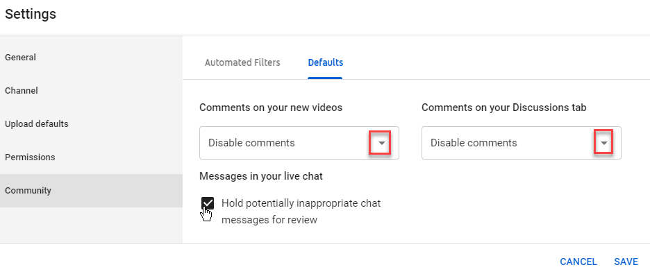 Disable live chat youtube