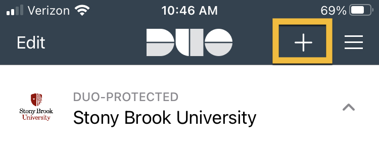 duo mobile app with Stony Brook University showing and + button selected