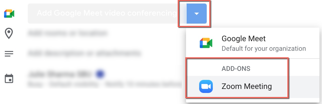 add video conferencing > add-ons > zoom meeting