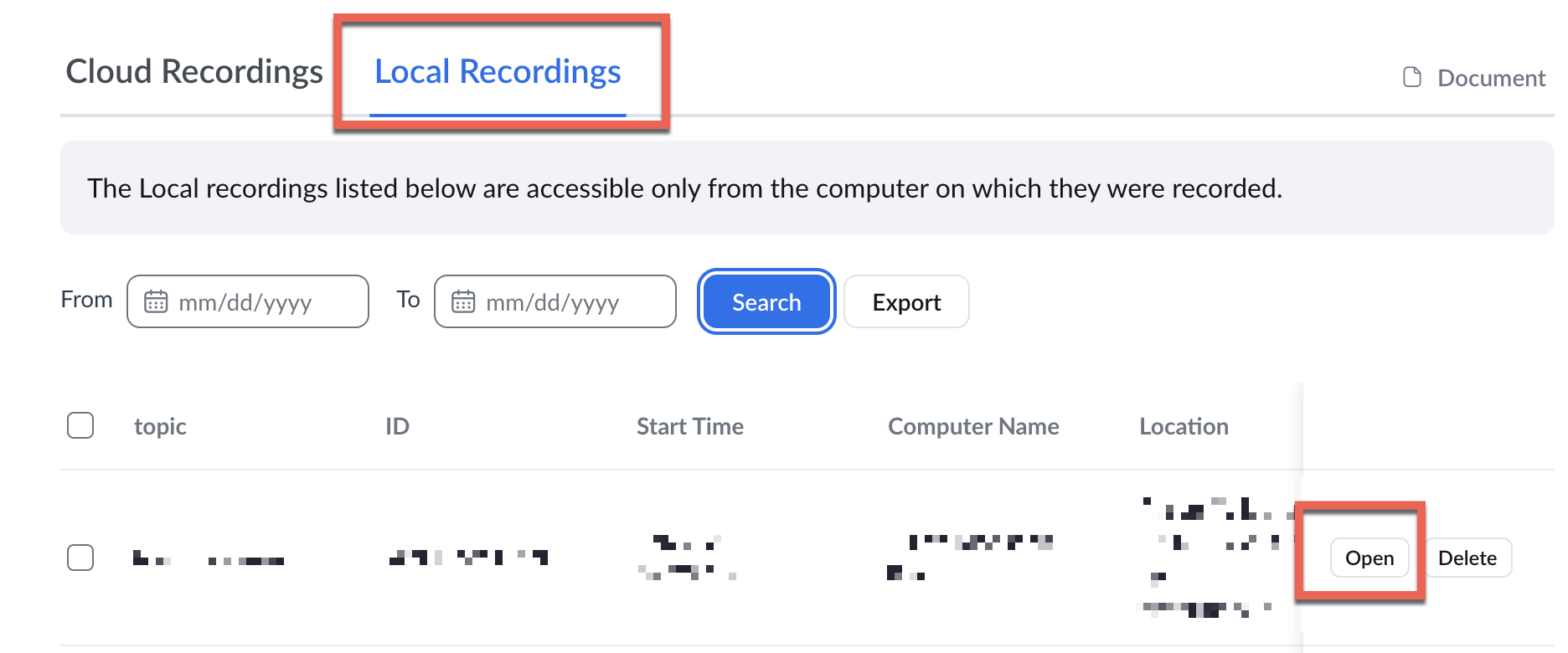 local recordings tab with Open