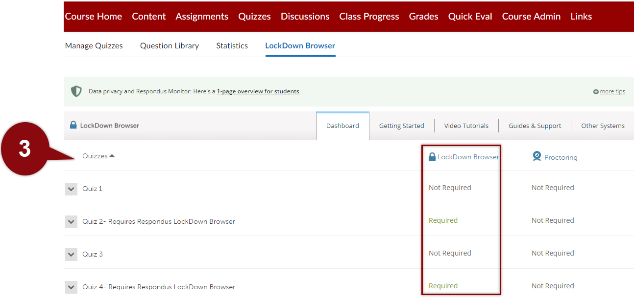 Image of quizzes in the lockdown browser dashboard highlighting quizzes with lockdown browser required and not required