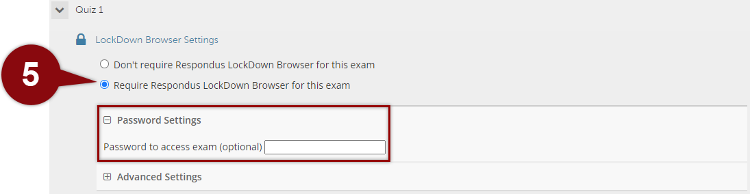 Image of the lockdown browser featured being required for an exam.  This is also highlighting the section where you can create a password for students to enter prior to starting an exam. 