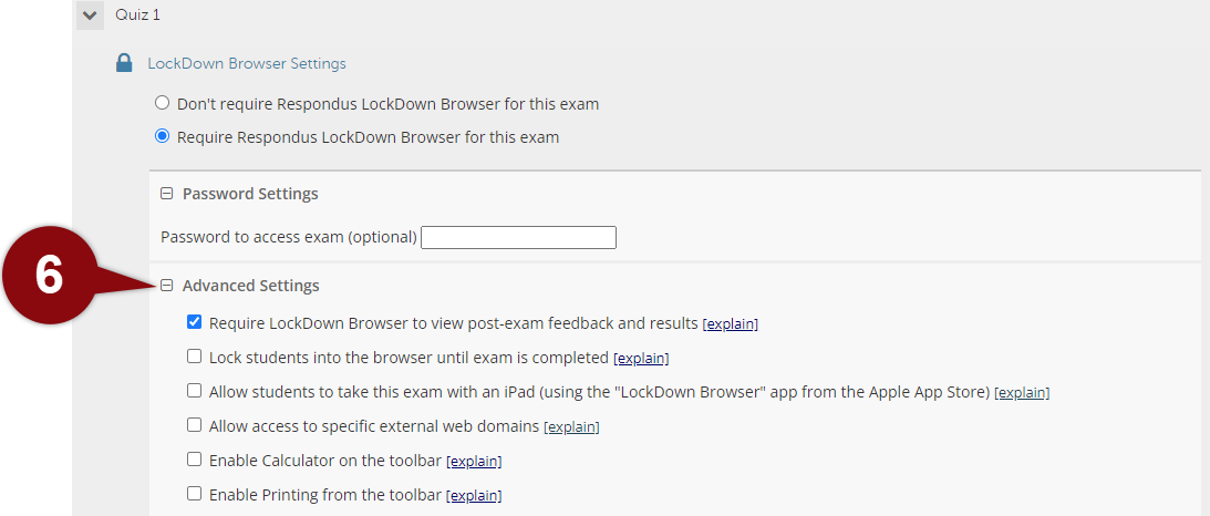 Image of advanced features when enabling respondus lockdown browser