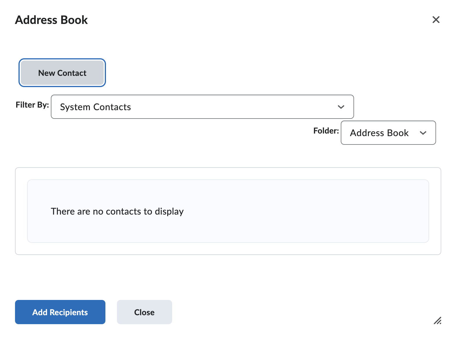 address book showing "no contacts to display"