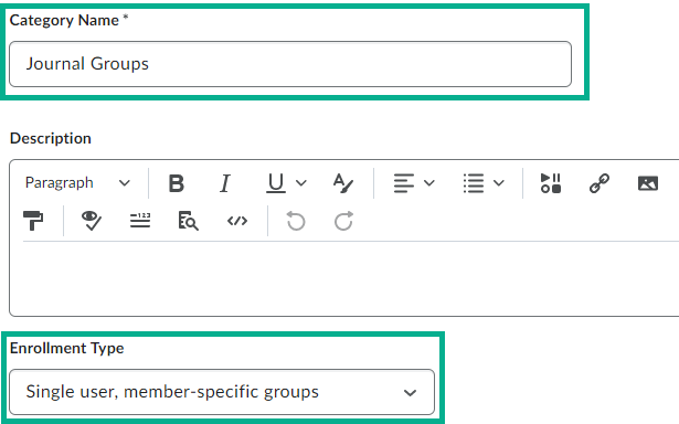 Image of the Category Name field that says "Journal Groups" and the Enrollment Type set to "Single user, member-specific groups"