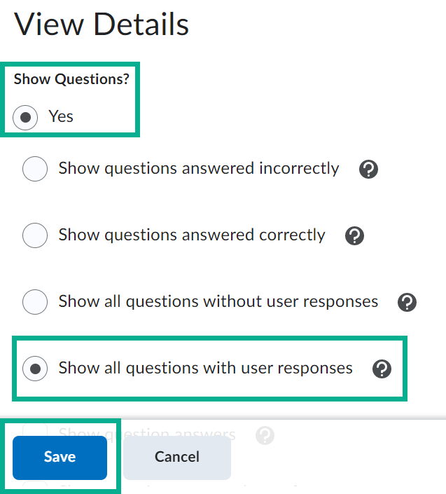 Image of the show all questions with user responses option enabled