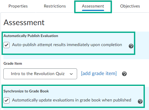 Image of the Assessment tab showing the Automatically Publish Evaluation and Synchronize to Grade Book Setting Enabled