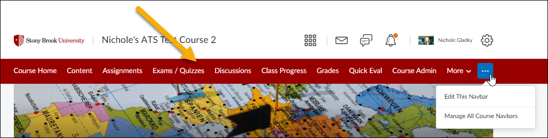 is red and has links to Course Content, Content, Assignments, Exams and Quizzes, Discussions. Class Progress, Grades, Course Admin, More and 3 dots to edit the Navbar.  This is the default navigation for Stony Brook University Brightspace courses.