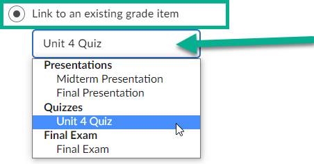 Image of the link to an existing grade item option enabled with the drop down selector showing grade items to link to