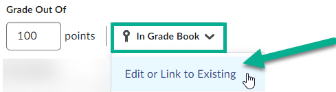 Image of the In Grade Book button selected with the option Edit or Link to Existing highlighted